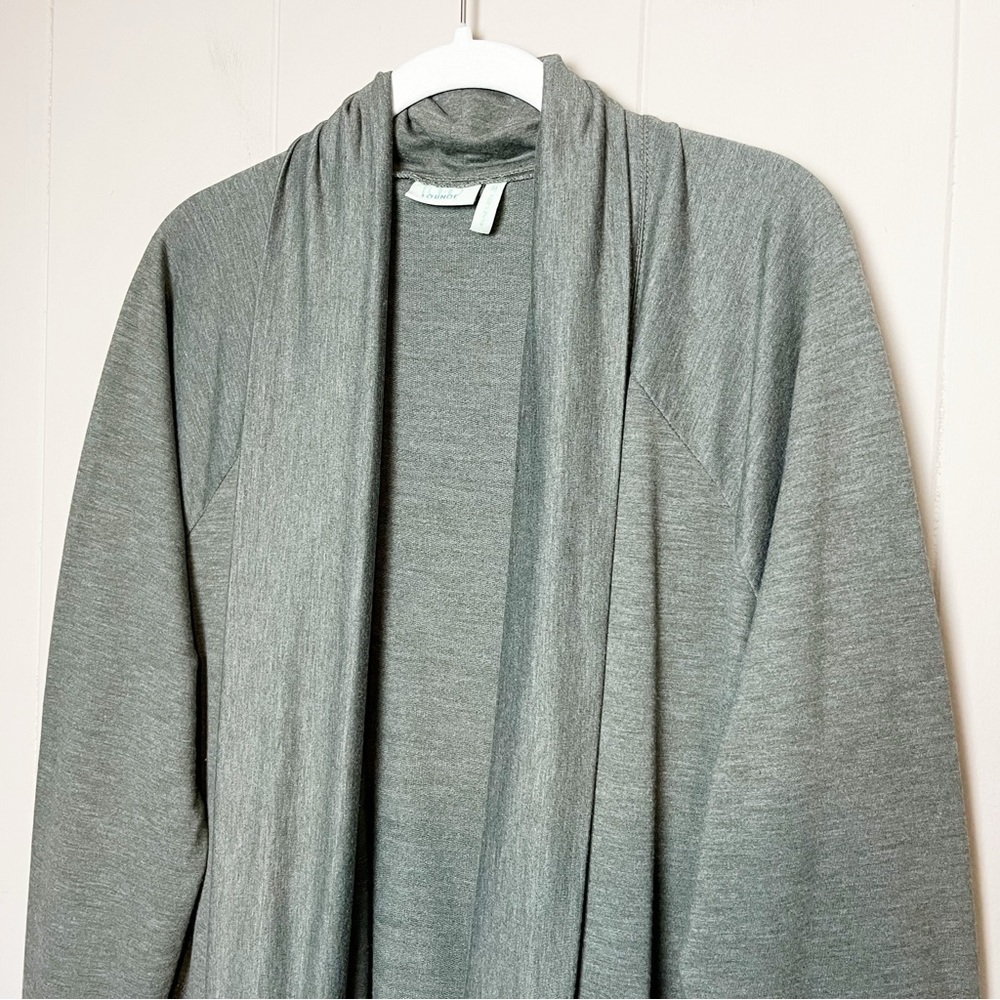 LOGO Lori Goldstein stretch knit cardigan medium open front gray green‎ neutral - Picture 2 of 10